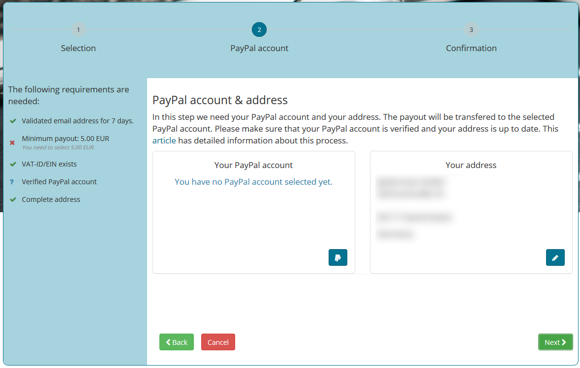 Payout - address and PayPal account